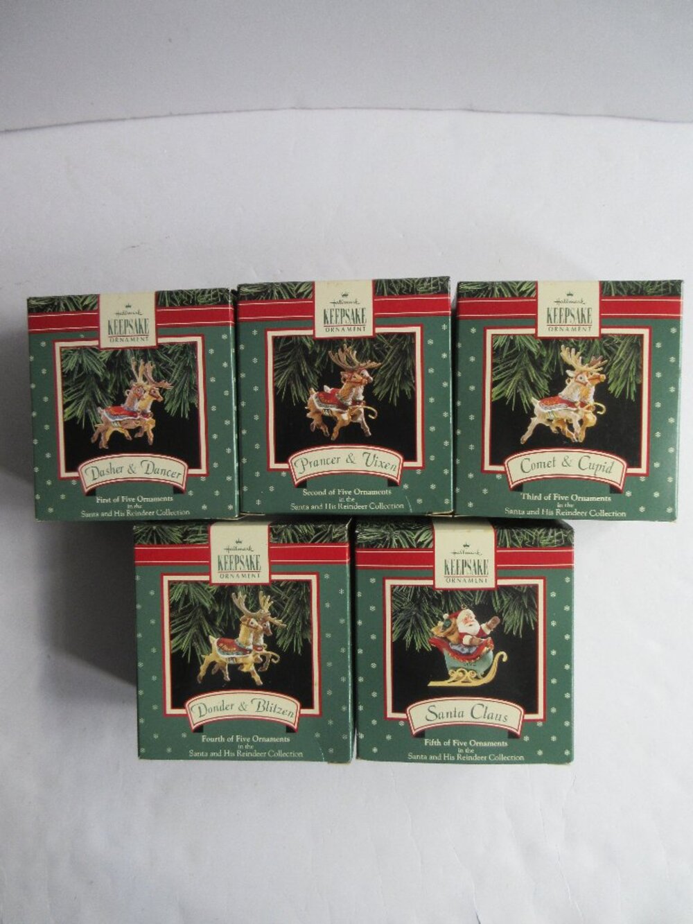 Hallmark 1992 Santa & His Reindeer Collection 5 Christmas Ornaments Complete Set